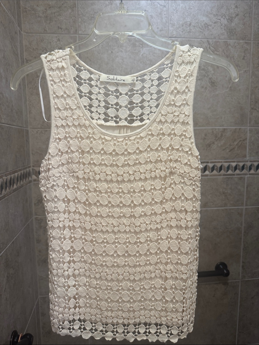 Solitaire Cream Crochet Scoop Neck Sleeveless Sweater